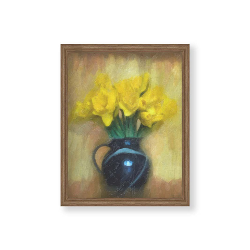 Daffs rétro dans un vase par Hal Halli. Impression sur papier - Montée et encadrée, H 34 po x l 44 po