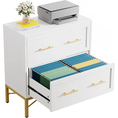 31.49-Inches Modern White & Gold 2-Drawer Lateral File Cabinet, Wood Filing Storage Cabinet For Letter/Legal/A4 Files, Printer Stand With Anti-Tilt & Safety Features For Home Office