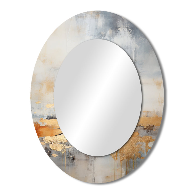 Minimalism Beige And Gold Wave Horizon I - Beige Oval Wall Mirror Decor, 43" x 33"
