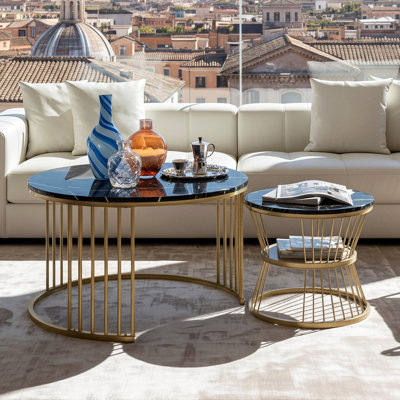 70Cm Nesting Coffee Tables (Set Of 2), Glam Round Tables With Top & Gold Cage Frame