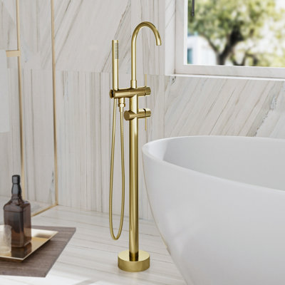 Freestanding Brushed Gold Tub Faucet With Handheld Shower | 360° Swivel Spout, 3.9GPM Flow, 304 Stainless Steel, CUPC Certified