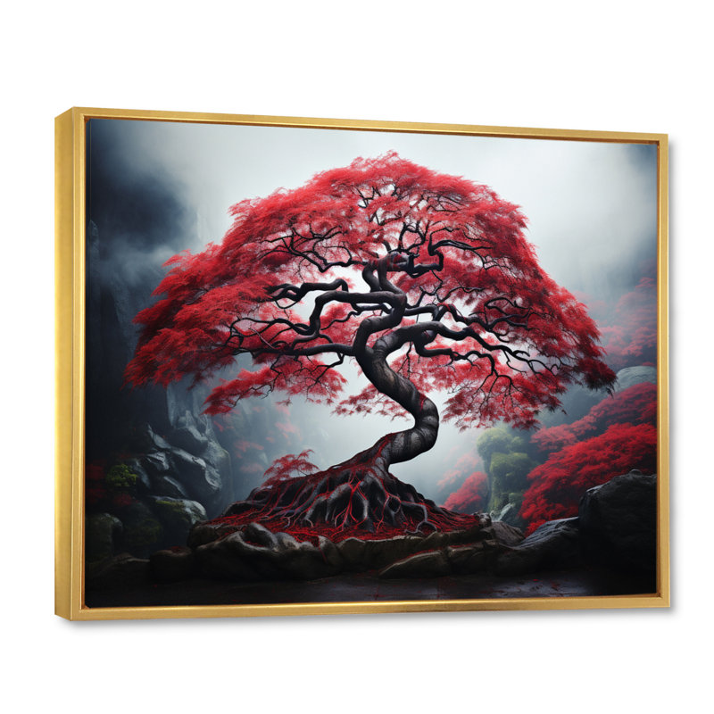 Érable japonais rouge - art mural sur toile Japon, 16" H x 32" W, Cadre flottant doré