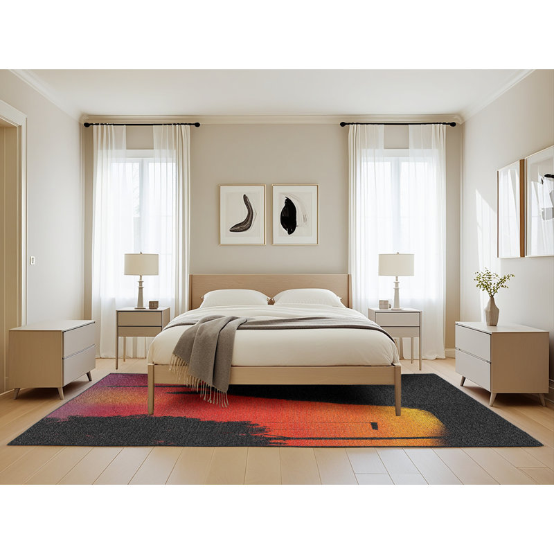 Tapis noir/rouge/orange tissé à la machine, Rectangle 5 pi x 8 pi