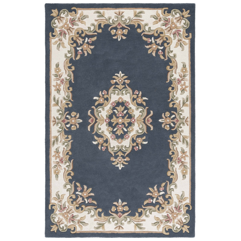 Aubusson Hand Tufted Wool/Cotton Floral Rug in Dark Blue/Ivory, Rectangle 5' x 8'