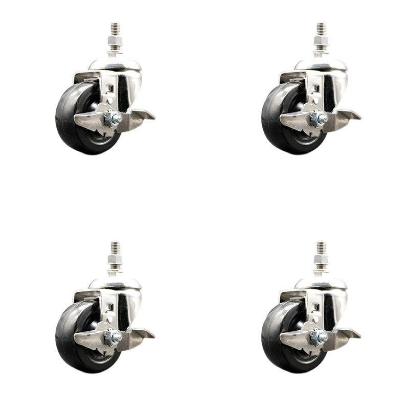 316SS Hard Rubber Wheel Swivel Threaded Stem Caster Set Brake