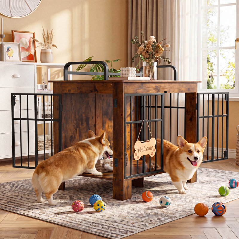  Large Wooden Dog Crate Furniture with Anti-Drop Rails, Double Door Dog Cage & Side Hooks, Brown