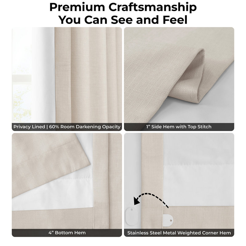 Armita Italian Faux Linen Room Darkening Curtains for Bedroom & Living Room Curtains - Single Panel Window Curtains, Cream
