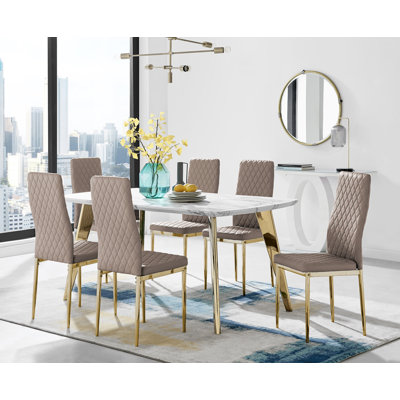 Anders Modern High Gloss Marble Effect Dining Table Set with 6 Quilted Faux Leather Dining Chairs
