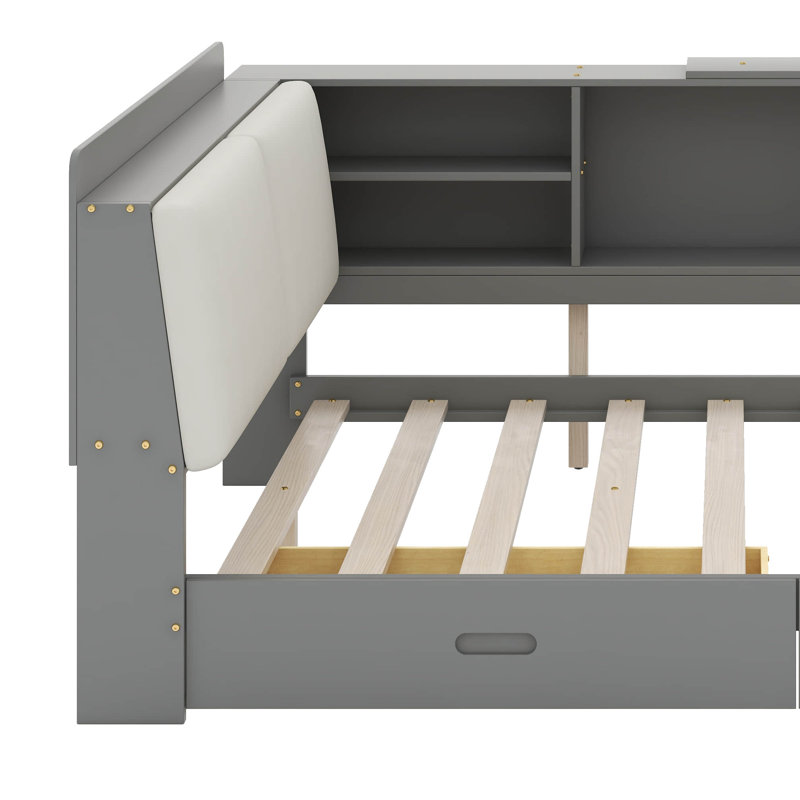 Lit plateforme double avec tête de lit, tablettes et tiroirs de rangement, Gris
