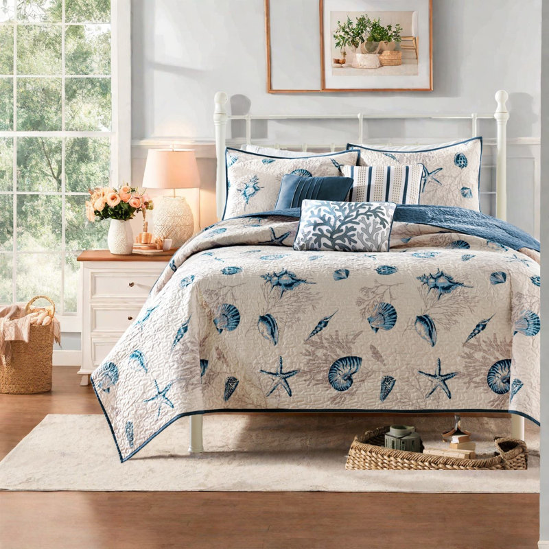 Coastal King Size Bedding Sets, Blue Microfiber Quilt With Pillows For Home