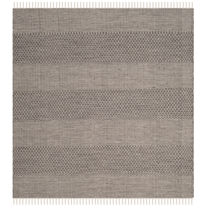Tapis rayé ivoire / anthracite en coton tissé à plat à la main Bester, Carré 8 pi