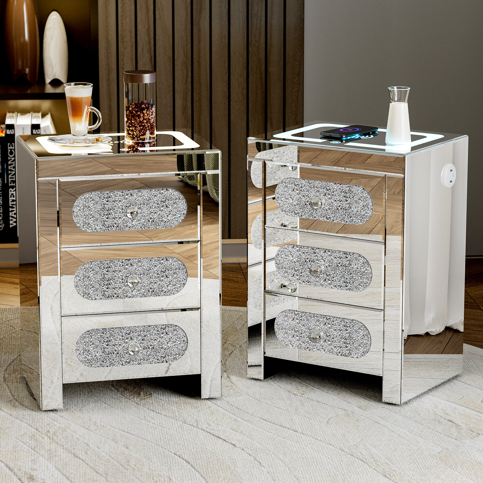 Mercer41 Merrissa Mirrored Nightstands Set with USB Ports and Crystal