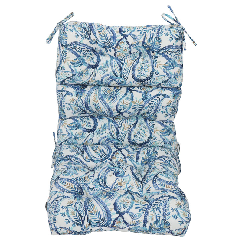 Outdoor Tufted Seat/Back Chair Cushion, White/Faylinn Lapis Paisley, 22" W x 21" D