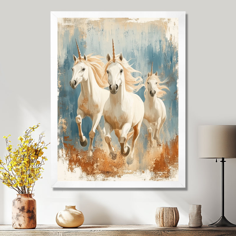 Trio de licornes au galop - Affiche encadrée de licornes, H 32 po x l 24 po, Cadre photo blanc