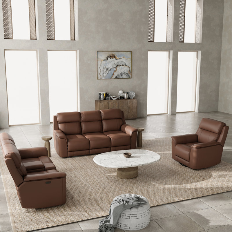 Fauteuil inclinable pivotant manuel, fauteuil inclinable électrique double et causeuse couleur noyer - Esthétique cuir élégant et 2 fauteuils inclinables avec structure solide pour une stabilité optimale