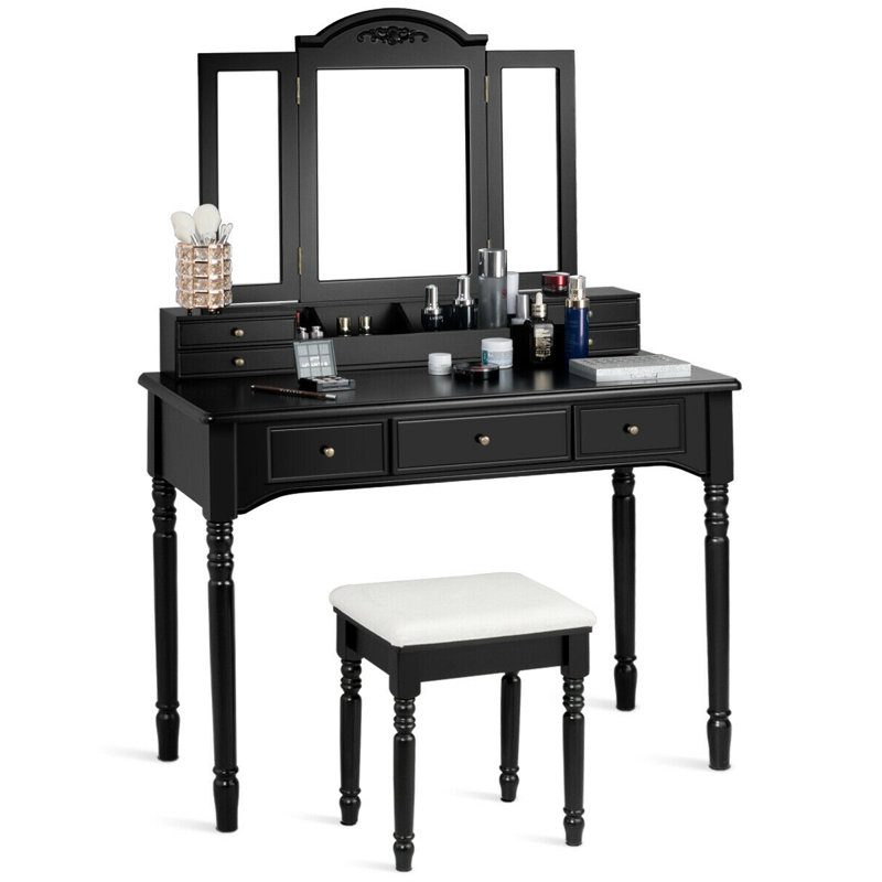 Ensemble de coiffeuse avec tabouret et miroir, Noir