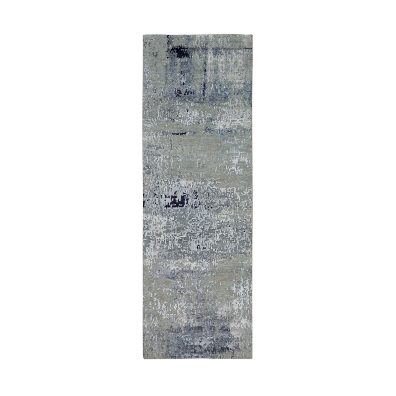 Tapis de couloir gris clair / bleu clair noué à la main de conception unique 2 pi 8 po x 7 pi 10 po New Age Fardy