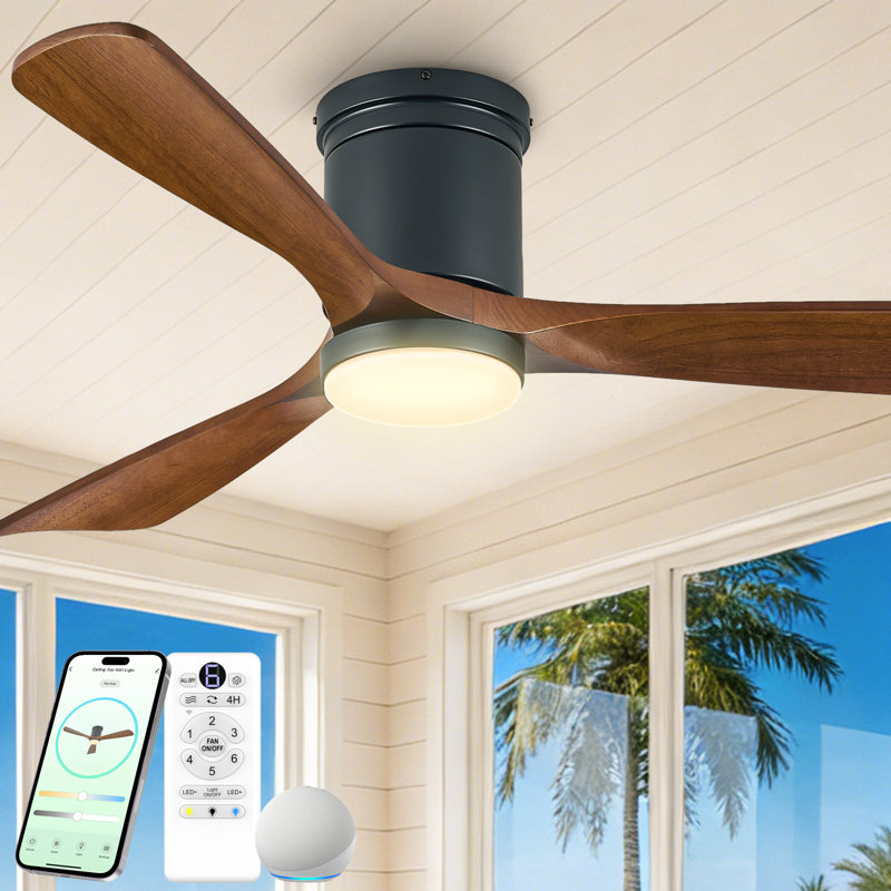 60" Smart Flush Mount Ceiling Fan with Light, 3CCT, Reversible Motor, Remote Control, APP&Voice Control, and Solid Wood Blades