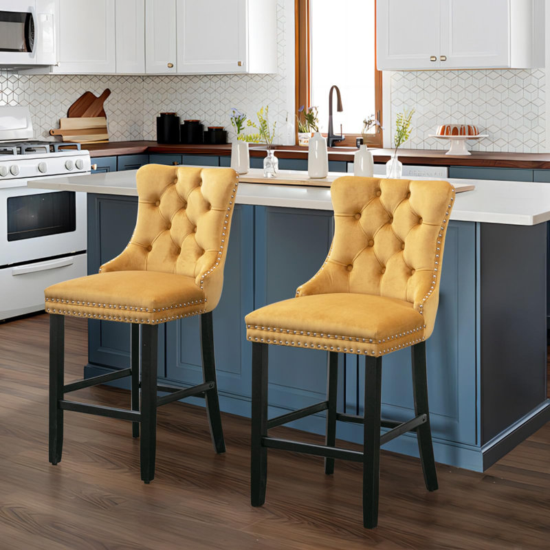 Upholstered Counter Stool with Solid Wood Frame, Black, Yellow