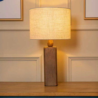 Farmhouse Traditional Natural Solid Wood Table Lamp With Beige Fabric Drum Shade For Bedroom Living Room