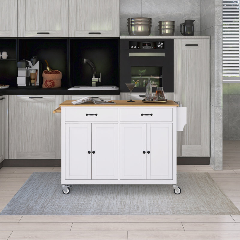 54.3" Solid Wood Countertop Kitchen Cart With Spice Rack & Towel Rack, White