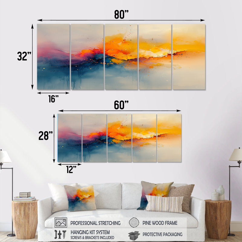 «Dream Yellow Blue Coastal Waves Turbulence I» - art mural, ensemble d'art mural moderne, H 28 po x l 60 po, 5