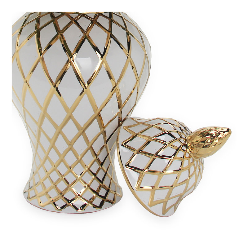 Vase en céramique Fortunna, H 16,5 po x l 8 po x P 8 po, Blanc / Doré