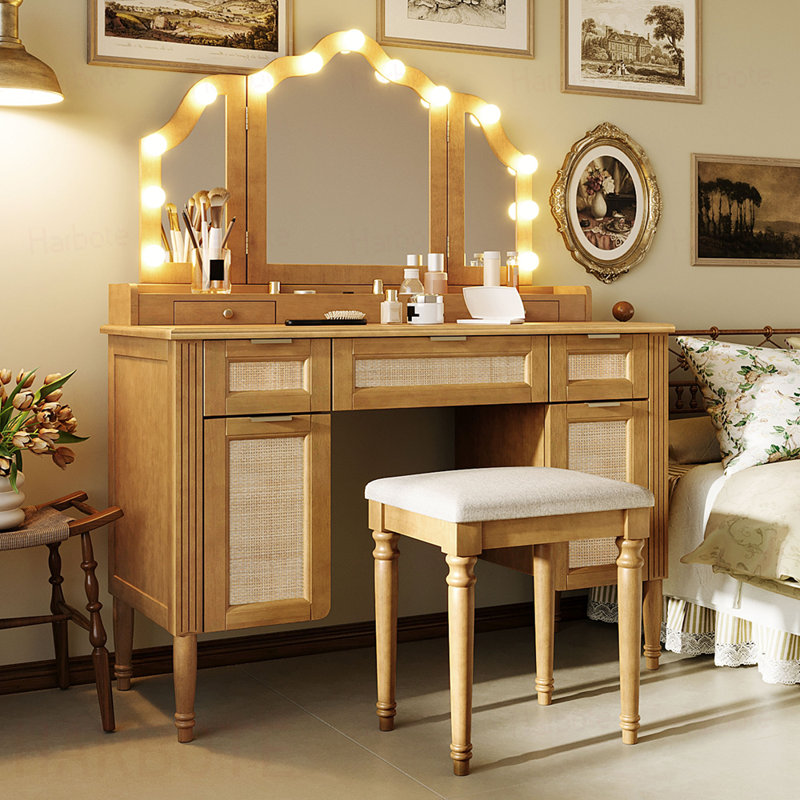 Ensemble de coiffeuse avec tabouret, 13 ampoules Hollywood et 3 modes d'éclairage pour coiffeuse, grande coiffeuse à miroir pliable en trois avec tabouret rembourré, station de charge et beaucoup de rangement