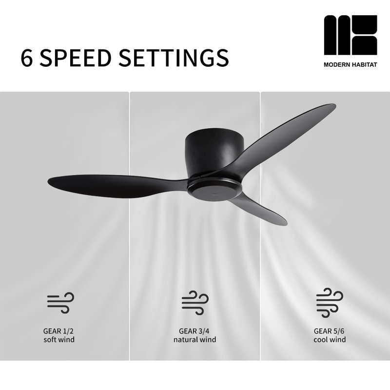Ventilateur de plafond intérieur de 52 po à 3 pales avec télécommande, sans éclairage, moteur à courant continu réversible, noir