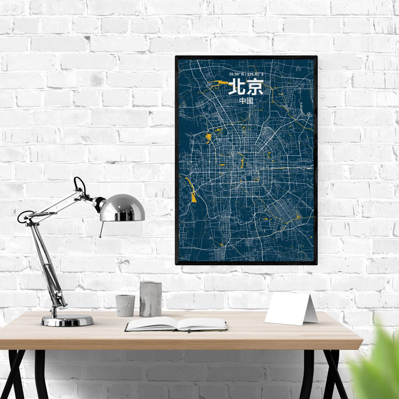 Pékin (chinois traditionnel), impression de carte de la ville, H 36 po x l 24 po, Bleu / Jaune