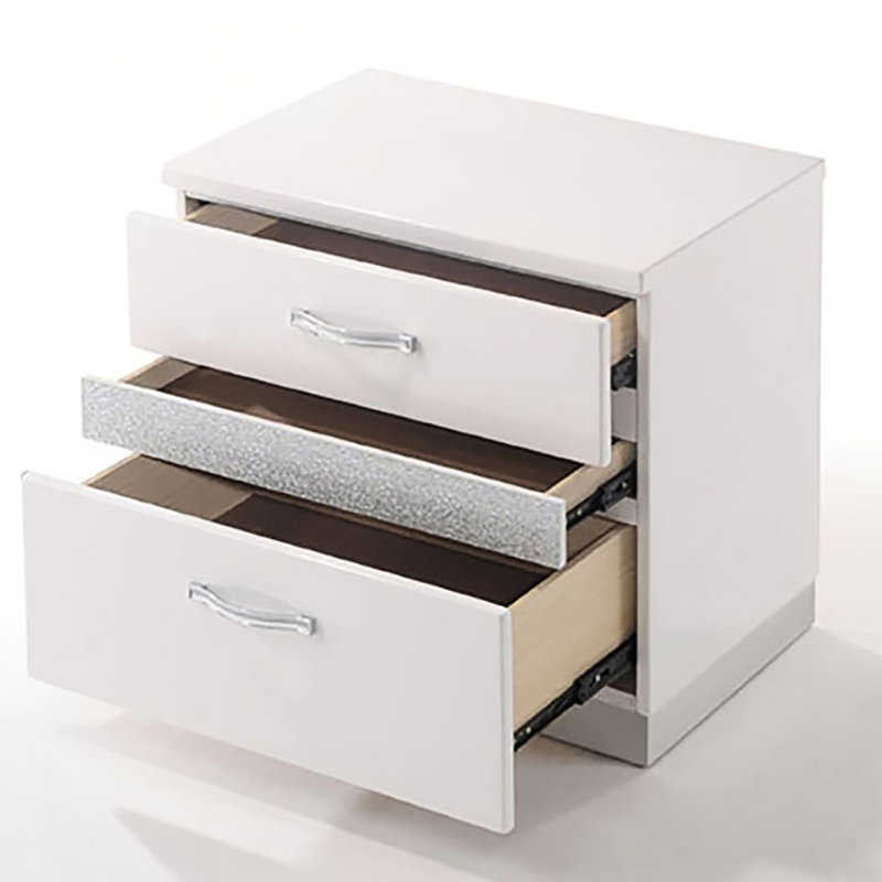 Table de chevet blanche brillante pour chambre à coucher - 3 tiroirs avec doublure en feutre doux pour chambre à coucher, doublée, rangement