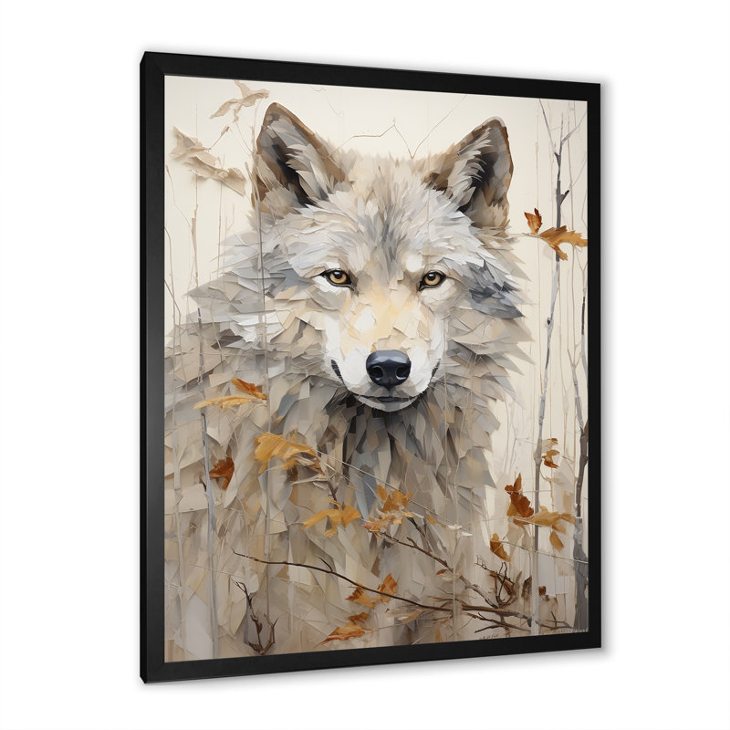 Minimalisme, expression de loup beige - loup grand, art mural, Cadre simple noir, H 32 po x l 24 po x P 1 po