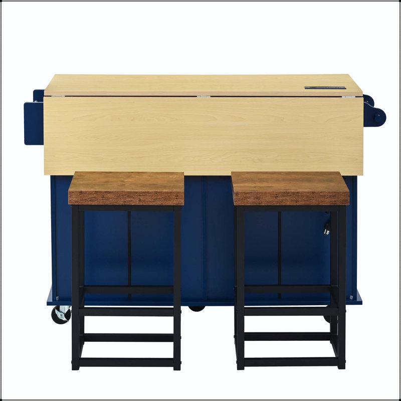 Îlot de cuisine 47,2 po avec 2 tabourets de bar, rallonge et prise de courant - bleu, Blue