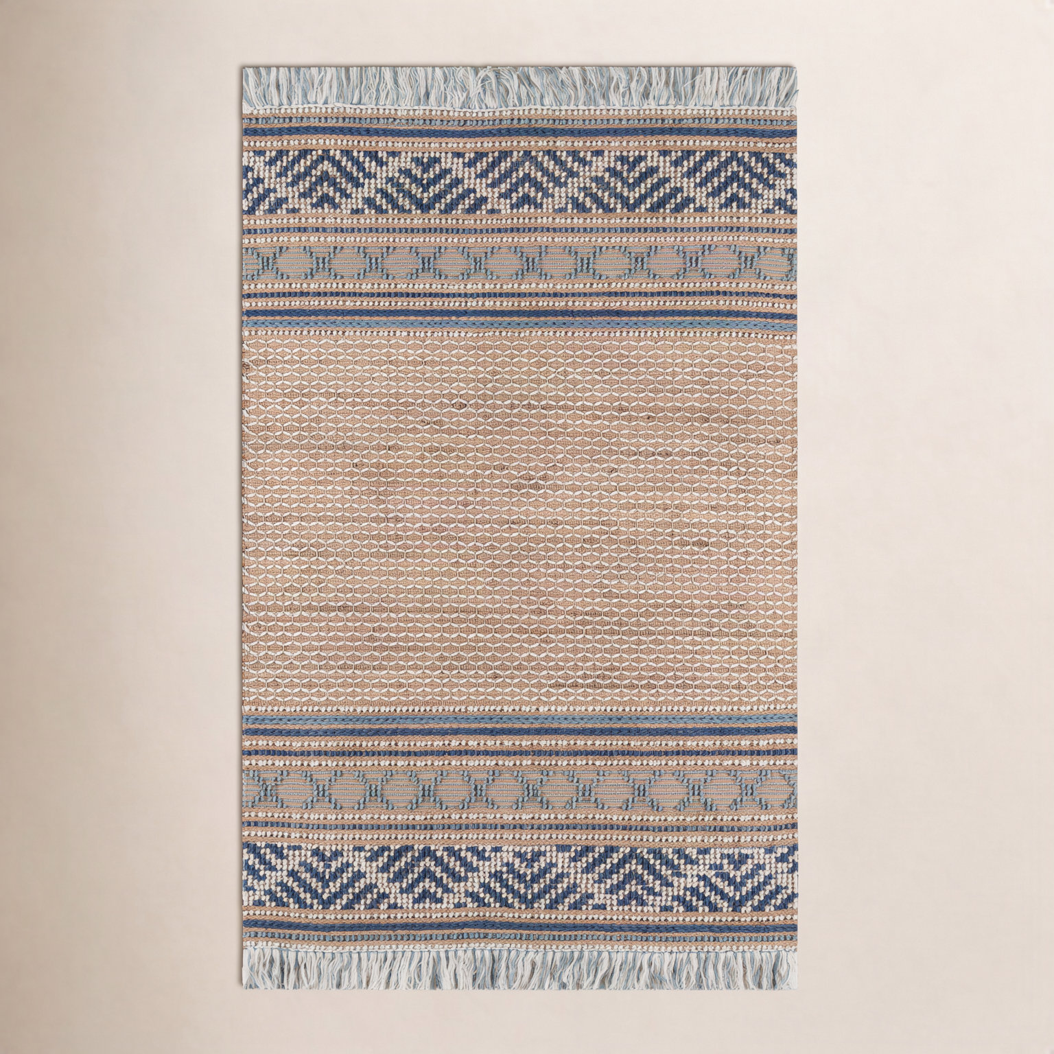 Alberta Beige Blue Hand-Woven Geometric Jute Rug, Rectangle 6' x 9'