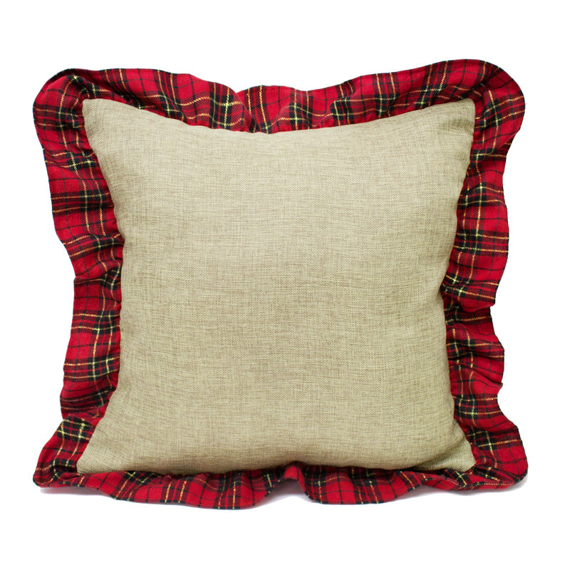 17" Beige and Red Plaid Ruffle Border Throw Pillow