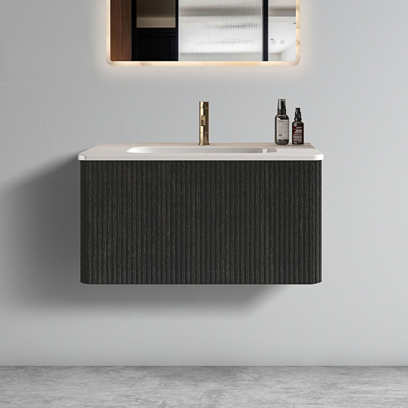 Meuble-lavabo flottant rayé avec lavabo en céramique, 30", Noir
