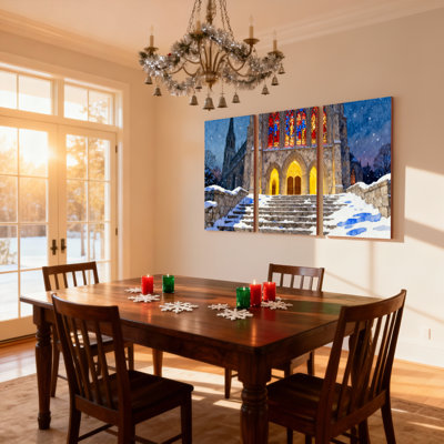 Christmas Snowy Church Steps Stained Glass Night Set of 3 Canvas Wall Art Prints