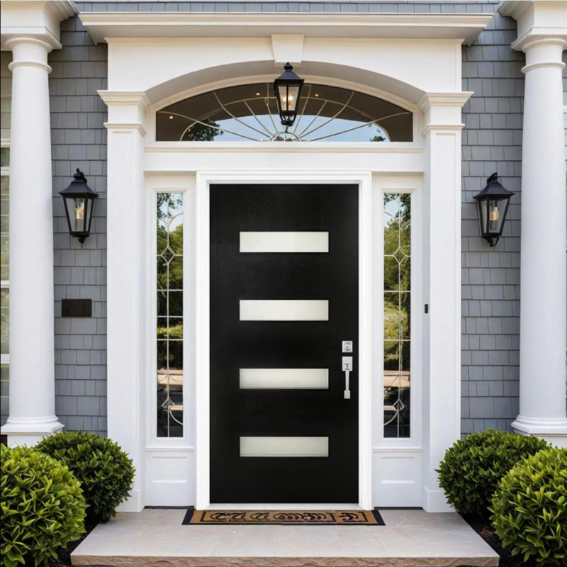 Modern Fibreglass Exterior Entry Front Door With 4 Lite Glass & Mahogany Texture, Black, Left Hand/Inswing