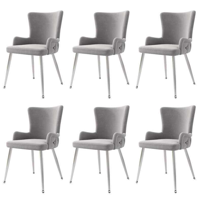 Velvet Upholstered Metal Armchair, 6, Silver, Grey