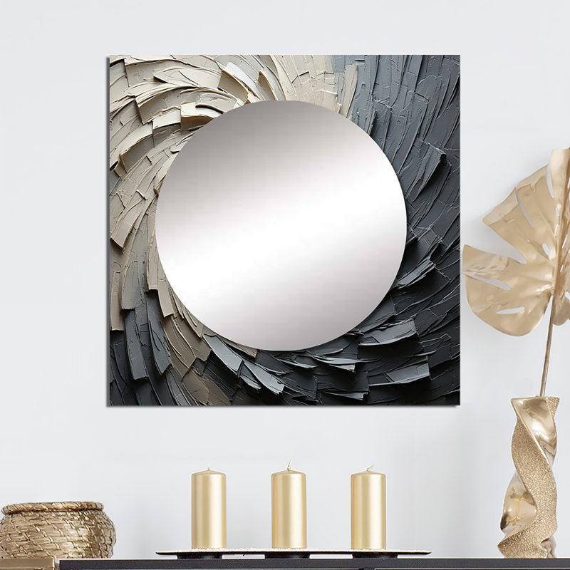 Rahima - Grey Beige Meditative Movement III Abstract Spirals Square Mirror Wall Art For Bathroom, 23" x 23"