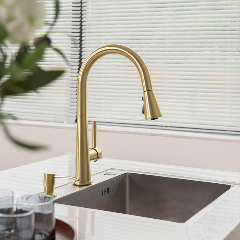 Single Handle 3 Functions Pull-down Sprayer Kitchen Faucet, Brushed Gold