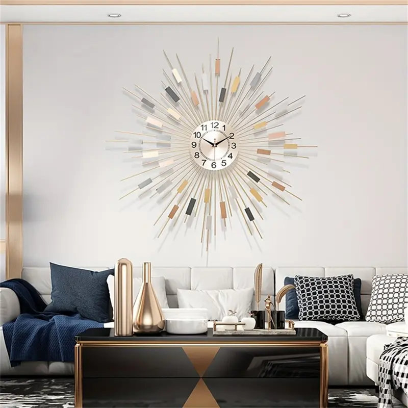 Grande horloge murale moderne 23,6 po, art en fer 3D fait à la main, conception géométrique multicolore silencieuse, idéale pour le salon, la chambre à coucher, la salle à manger, l'horloge murale