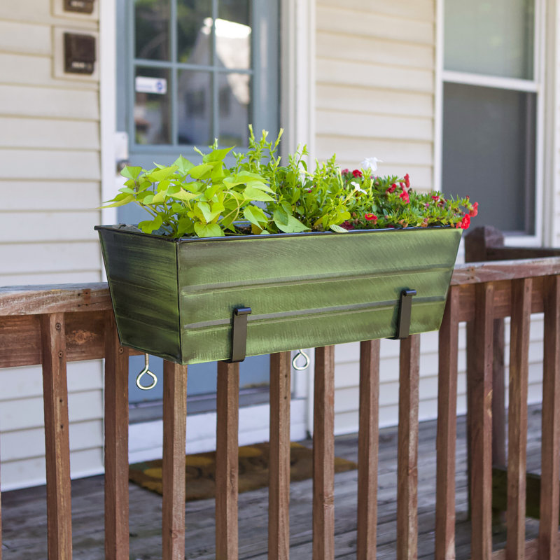 Medium Green Galvanized Steel Flower Box with Black Brackets