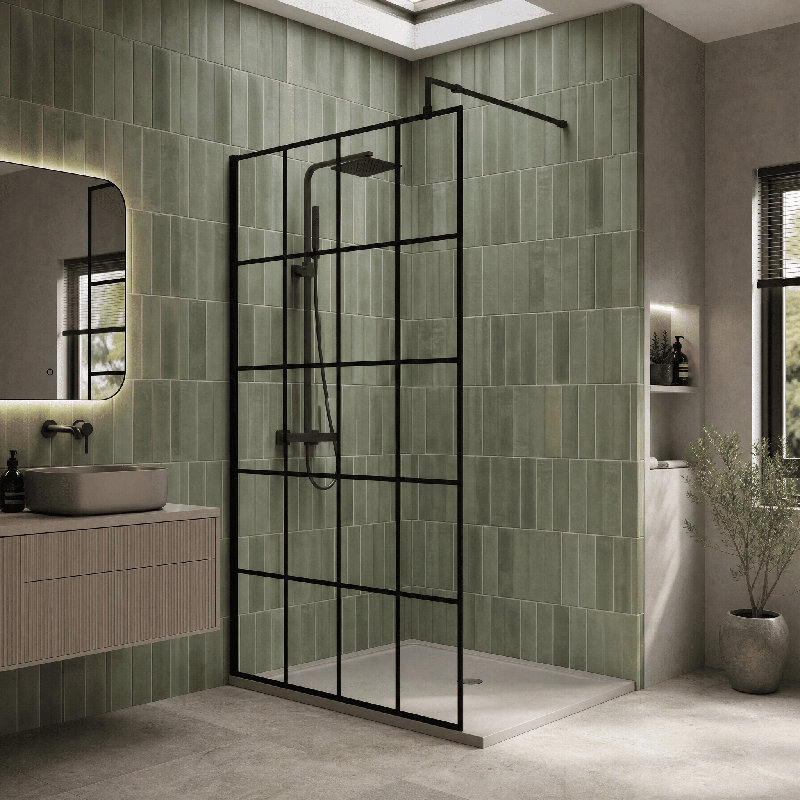 nuie 1000mm Matt Black Framed Wetroom Screen With Support Bar