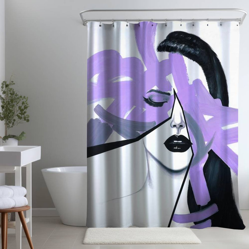Shower Curtain FI28 – Polyester Shower Curtain, Dye Sublimation Print, 71" W × 74" L, White/Black/Purple