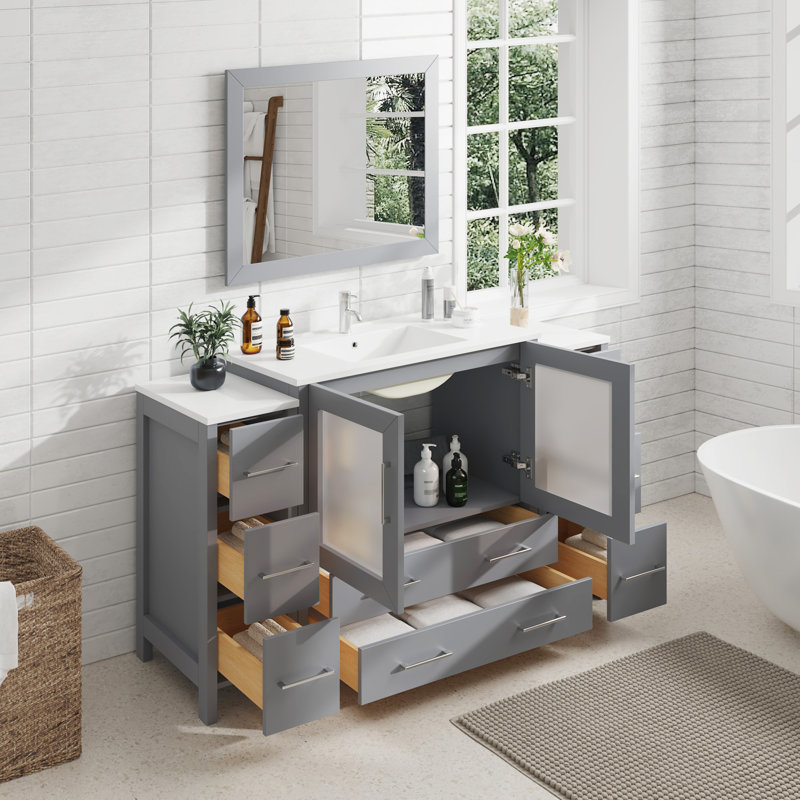 Brescia 60" Single Sink Freestanding Bathroom Vanity with Ceramic Top and Matching Mirror, Gray