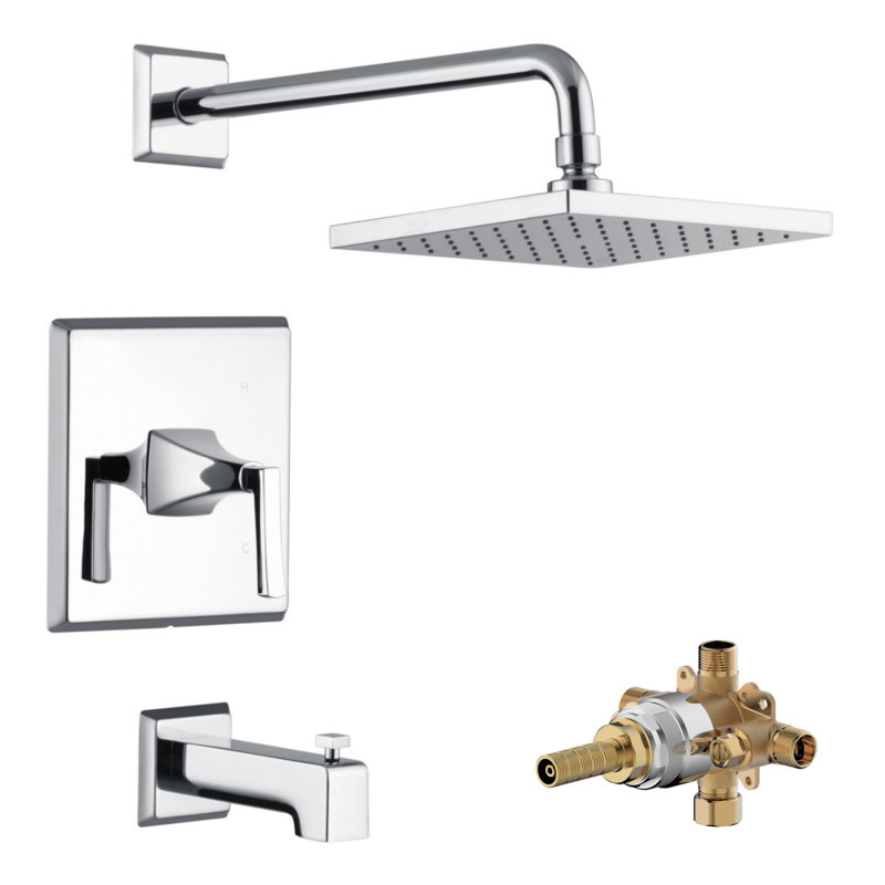 Système de douche de la collection Lotto: pomme de douche carrée de 8 po, ensemble de poignées simples, bec de baignoire et soupape brute inclus - chrome poli