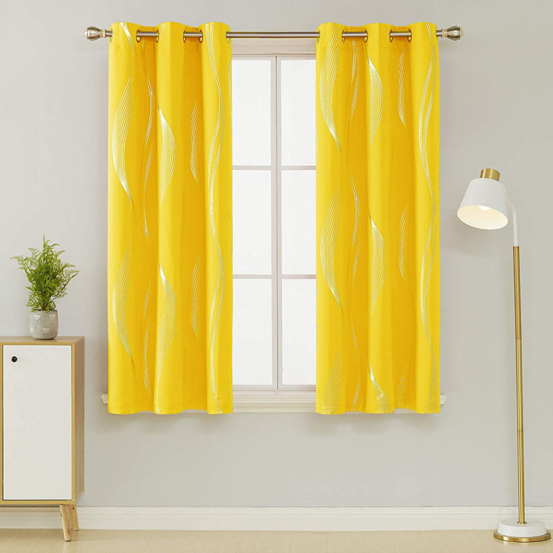 Spurgh Sliver Wave Foil Print Blackout Thermal Grommet Curtain Panels (Set of 2), 42" W x 95" L, Mellow Yellow