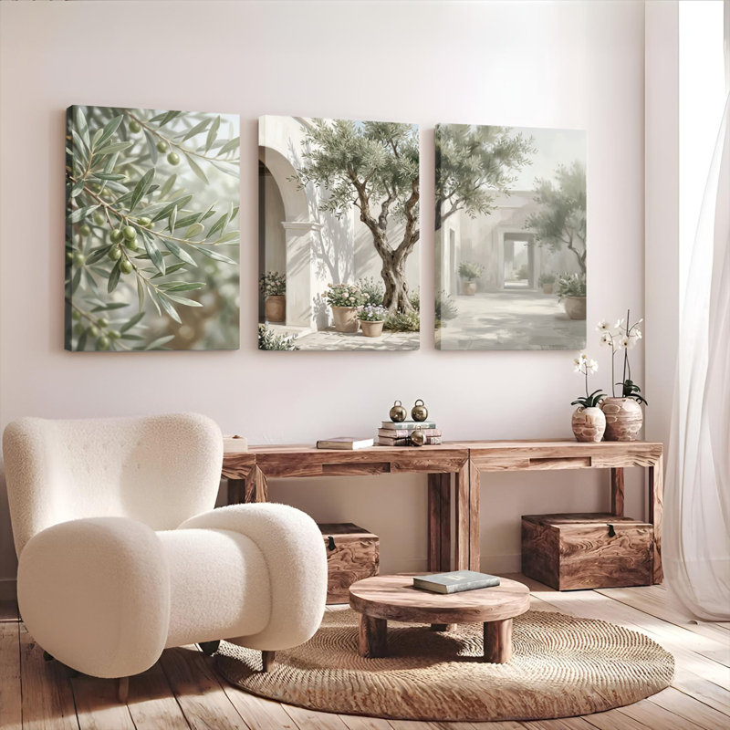 Ensemble de 3 tableaux sur toile représentant un paysage de jardin d'oliviers, pour la décoration du salon, H 30 po x l 60 po