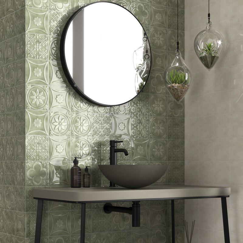 14.7 x 14.7 cm Beveled Porcelain Tile, Green
